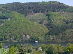 Blick auf Stausee und Berg Mausauel