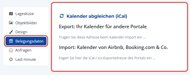Menüpunkt Belegungsdaten im Kundenbereich und die Karte Kalender abgleichen