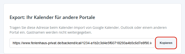 Export: allgemeine Kalender-Adresse mit dem Knopf Kopieren