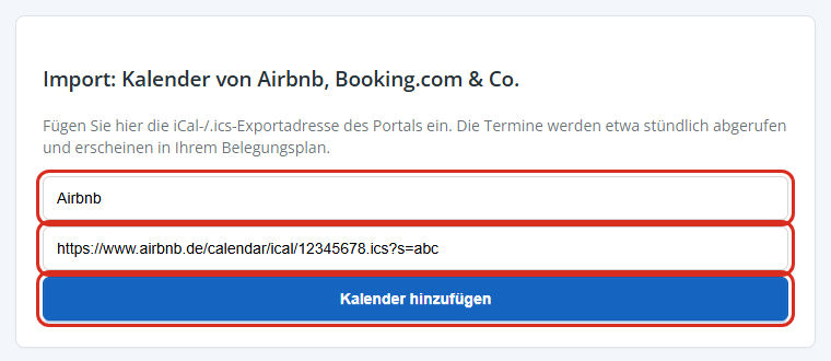 Import: Bezeichnung und iCal-Adresse eintragen, dann Kalender hinzufügen
