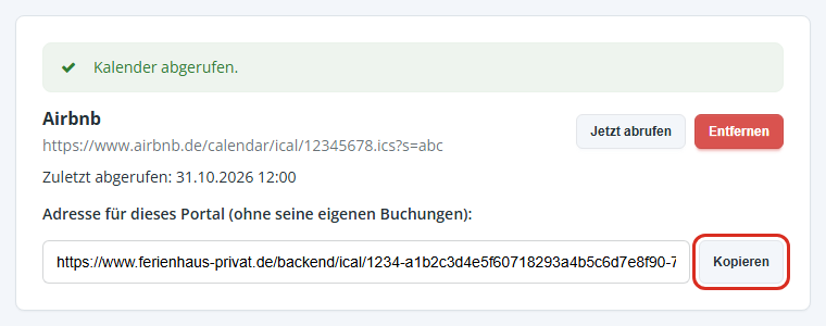 Eingetragener Kalender mit der Adresse für dieses Portal und dem Knopf Kopieren